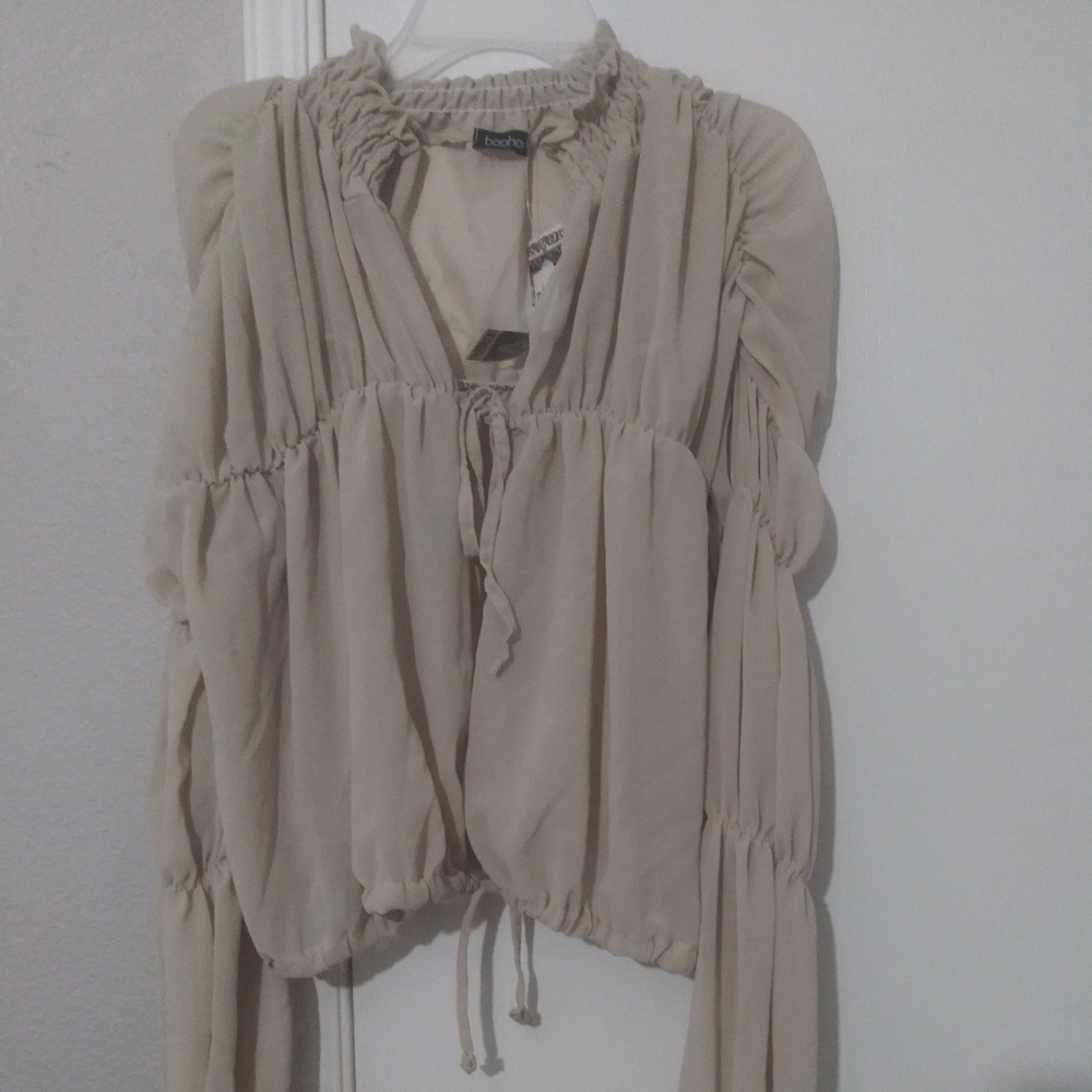 Ruched sheer front tie blouse - khaki